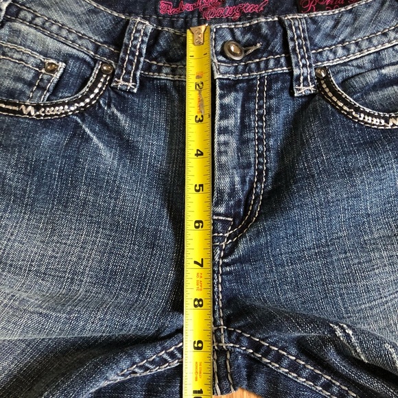 Rock & Roll Cowgirl Mid Rise Bootcut Jeans Dark Denim Embroidery - Picture 8 of 9